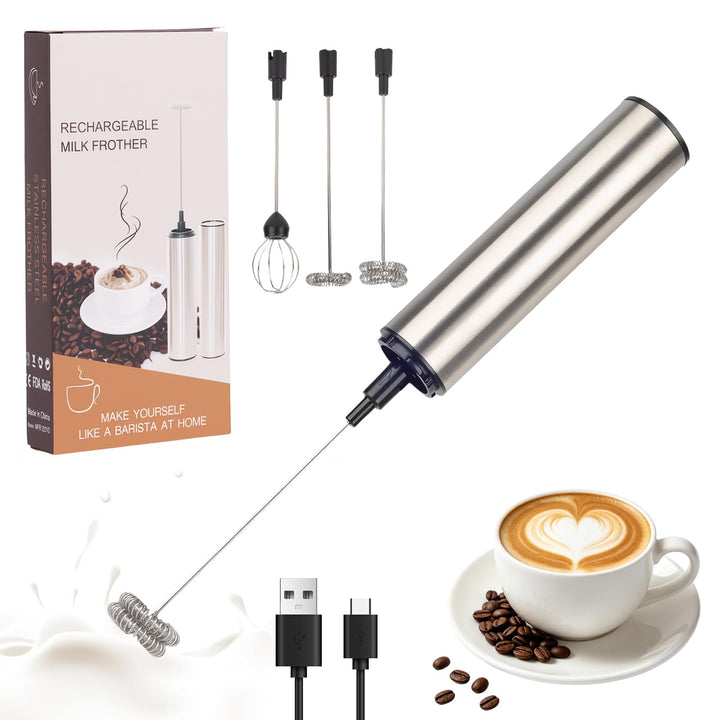 Milchaufschäumer Stab - Elektrischer Schneebesen, USB 800mah, 3 Aufsätzen 2 Geschwindigkeiten, Milch