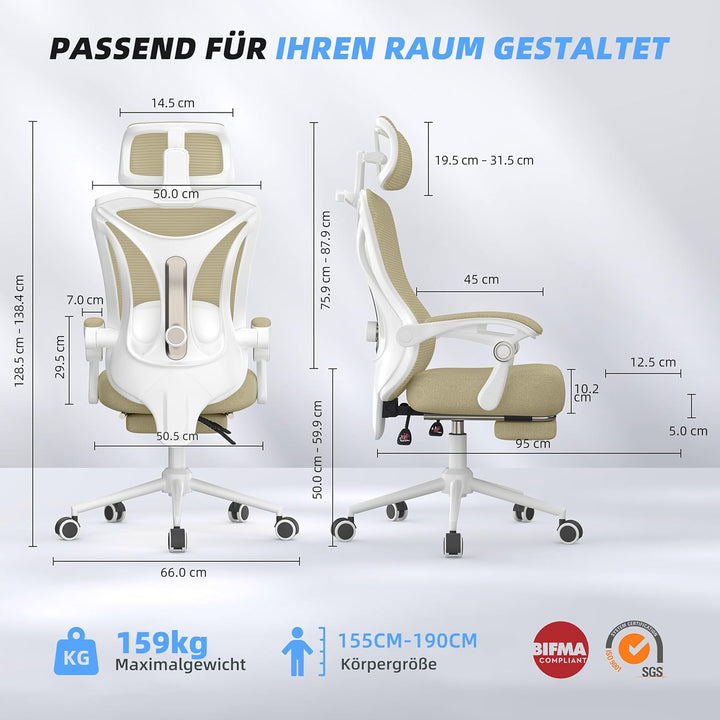 CYKOV Ergonomischer Bürostuhl mit Fussstütze, Büro Stuhl & Gaming Stuhl 150 kg+, 90-160° Verstellbar