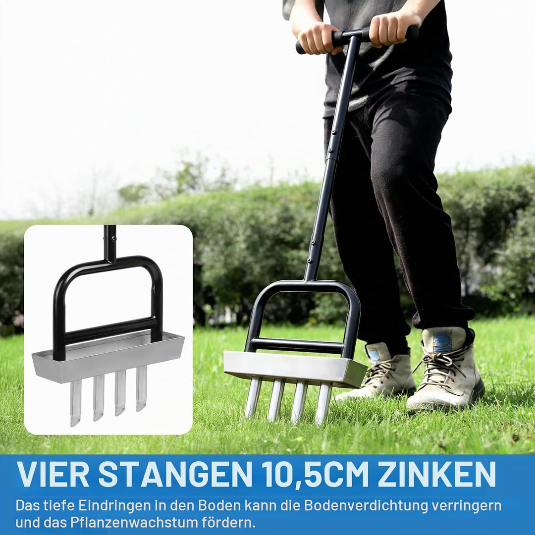 lalago Rasenlüfter Manuell 4 Kerne mit Ablagefach Reinigungswerkzeug, Handvertikutierer 93CM, Rasen