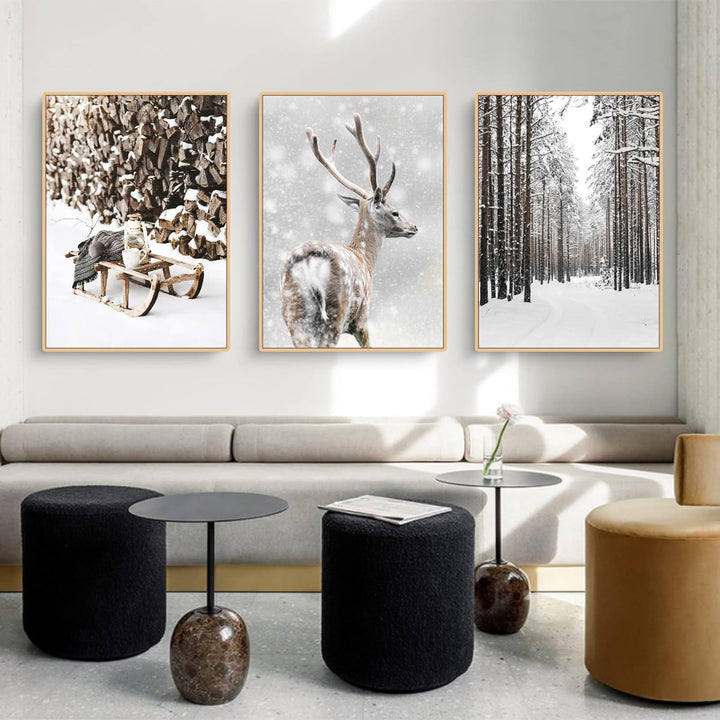 TROYSINC 3er Premium Poster Set, Winter Bilder, Elch, Holzhaus, Wald Wandkunst Wandbilder, Leinwand