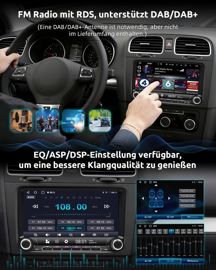ESSGOO Android 14 Autoradio für VW Golf 5/6, T5, Passat, Polo, Touran, Tiguan, Caddy, Seat – 9" Touc