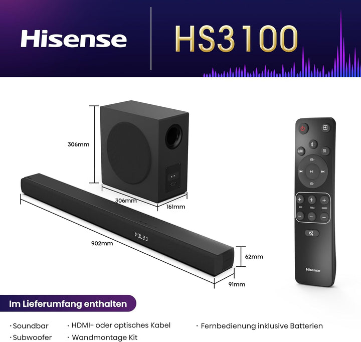 Hisense HS3100 3.1 Kanal Soundbar mit kabellosem Subwoofer, 480W, Dolby Audio, Bluetooth, HDMI ARC/O