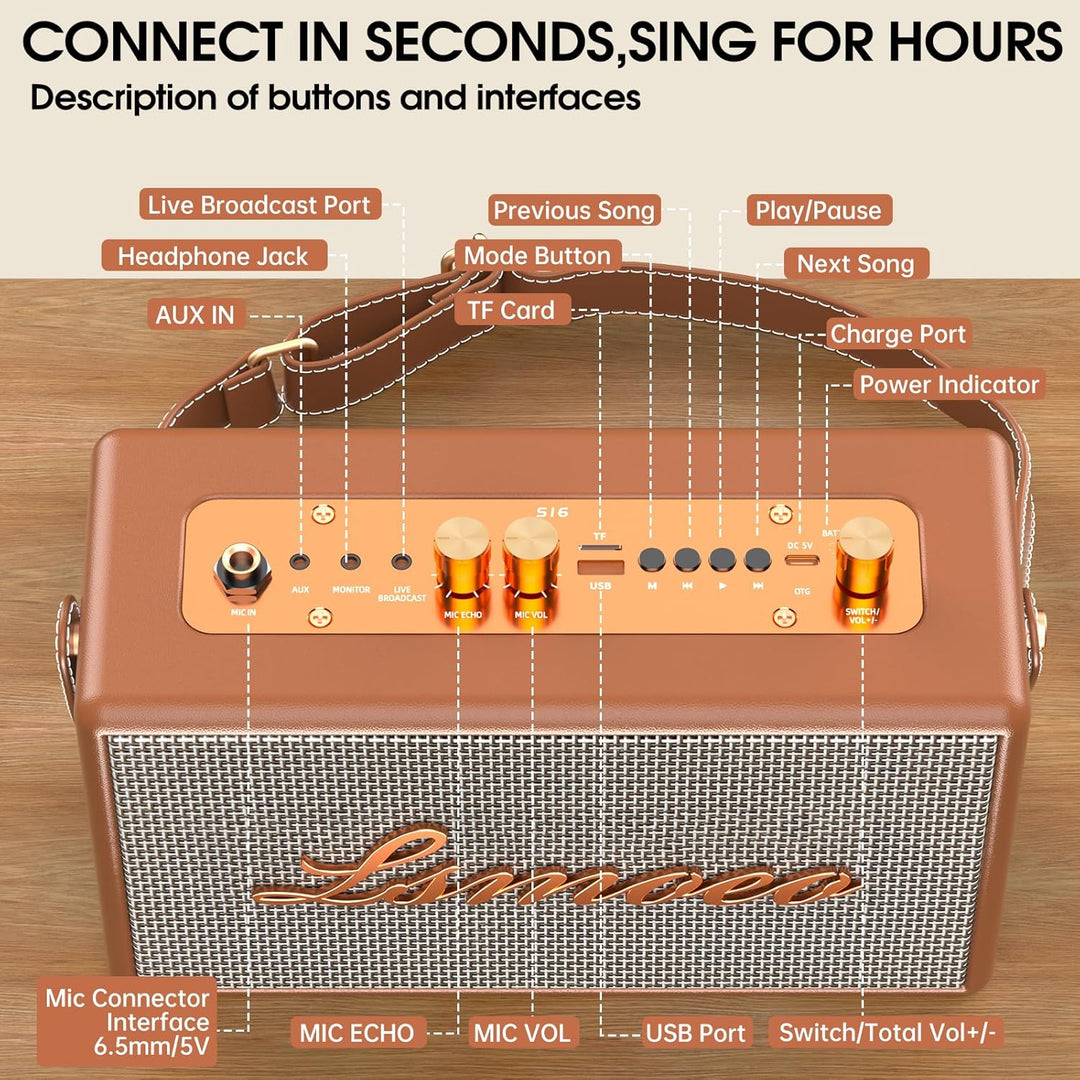 Tragbare Karaoke Maschine Anlage mit 2 Drahtlosen Mikrofonen für Erwachsene & Kinder Bluetooth Lauts