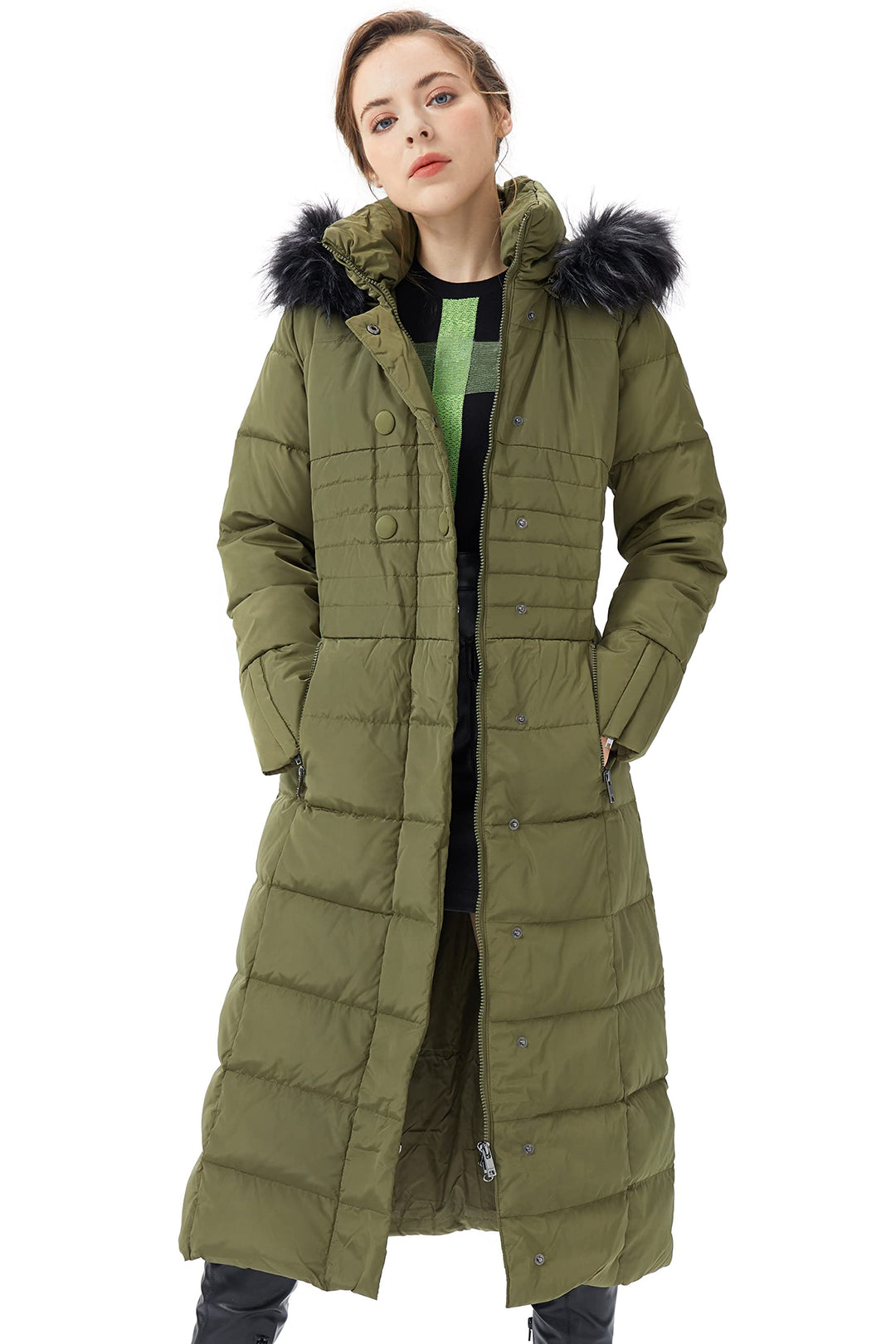 Orolay Damen Daunenmantel Lang Warm Winterjacke mit Kapuze Kunstpelz S Armeegrün, S Armeegrün