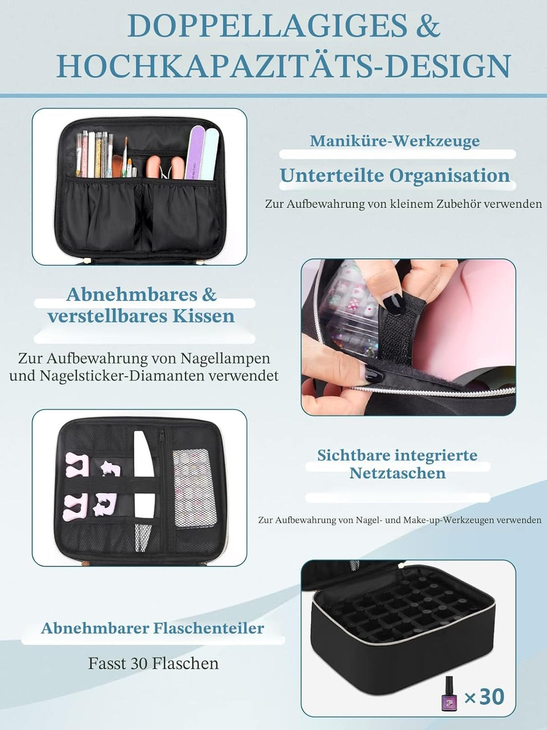 Yokilly Make-up-Tasche,Doppellagige Reisetasche,Nagellack-Organizer Für 30 Flaschen(15ml) Und Eine N