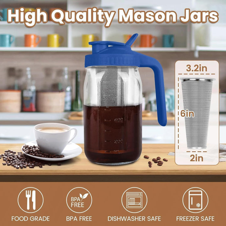 Cold Brew Kaffeebereiter, 1.8L Cold Brew Coffee Maker, Deckel mit Griff und Edelstahlfilter, Kaffeeb