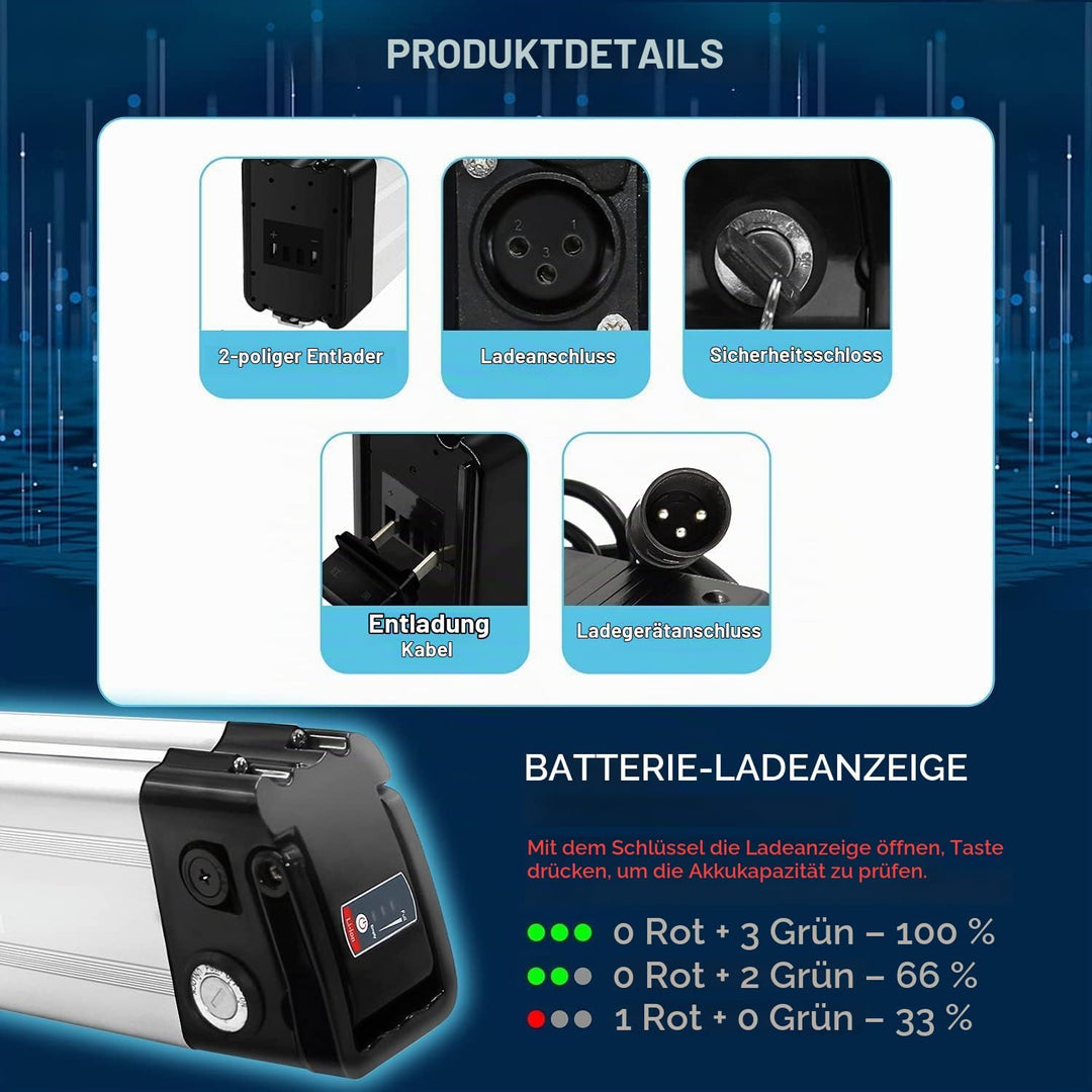 X-go Ebike Batterie, Elektrofahrrad Batterie E-Bike Lithium Batterie Silber Fisch mit Ladegerät, Led