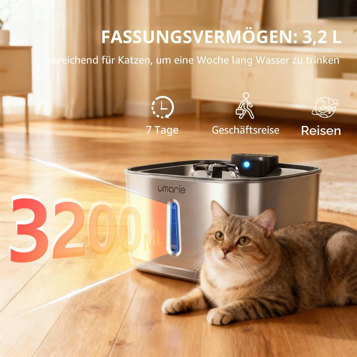Katzenbrunnen Edelstahl Kabellos,7 Filters,mit Bewegungsmelder - 3,2L Leiser Trinkbrunnen für Katze