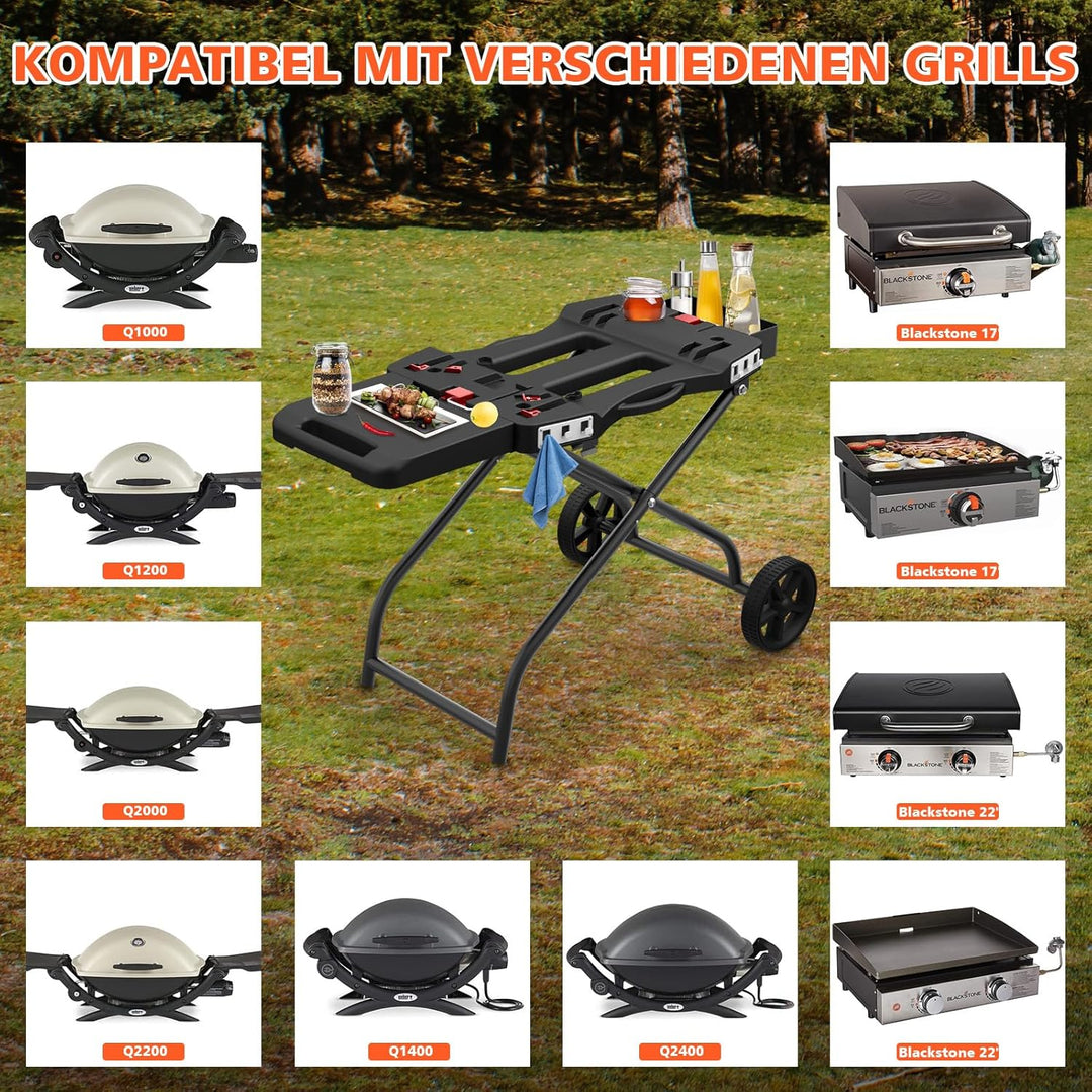 Denmay Tragbarer Grillwagen mit Rad für Weber Q1200, Q1000, Q2200, Q2000 Serie, für Blackstone 43CM