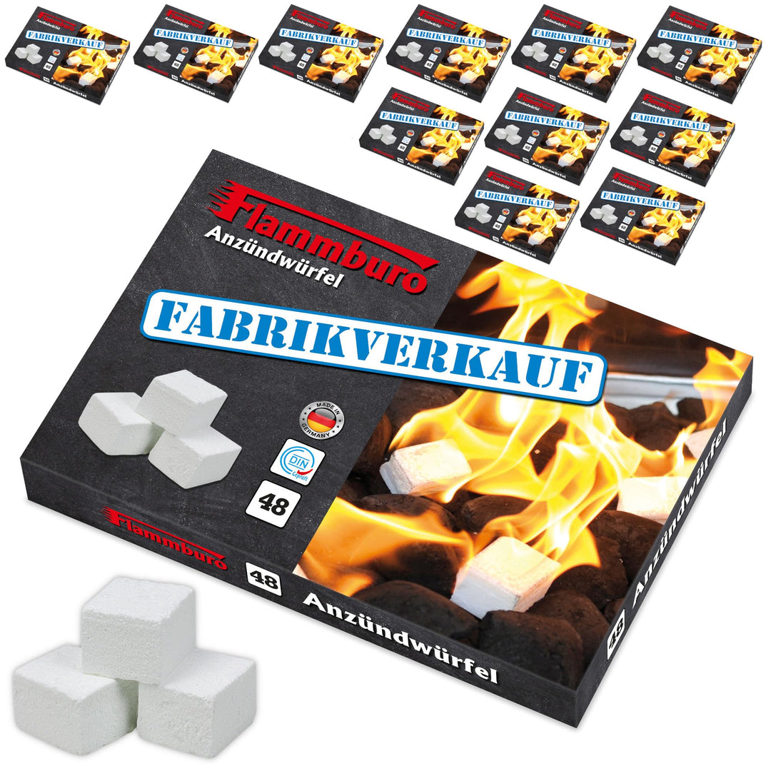 FLAMMBURO 756 Stück Anzündwürfel Paraffin (12 x 48 Würfel) vom Deutschen Hersteller, Grillanzünder,