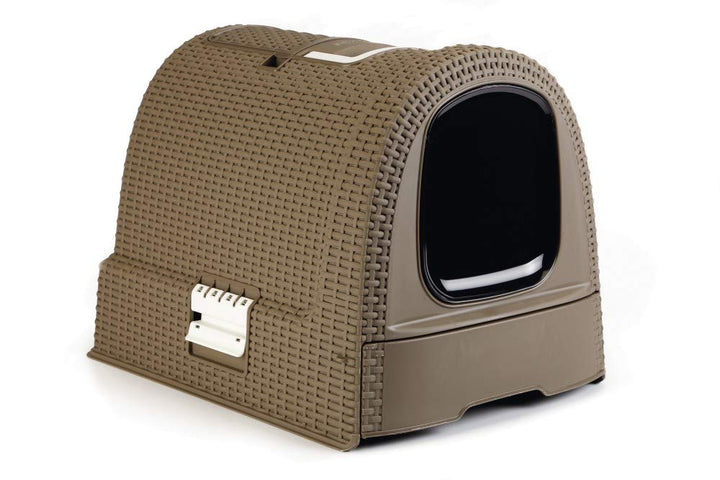 Curver petlife Katzentoilette mit Deckel, Katzenklo inklusive Schaufel, Moderne Rattangeflecht-Optik