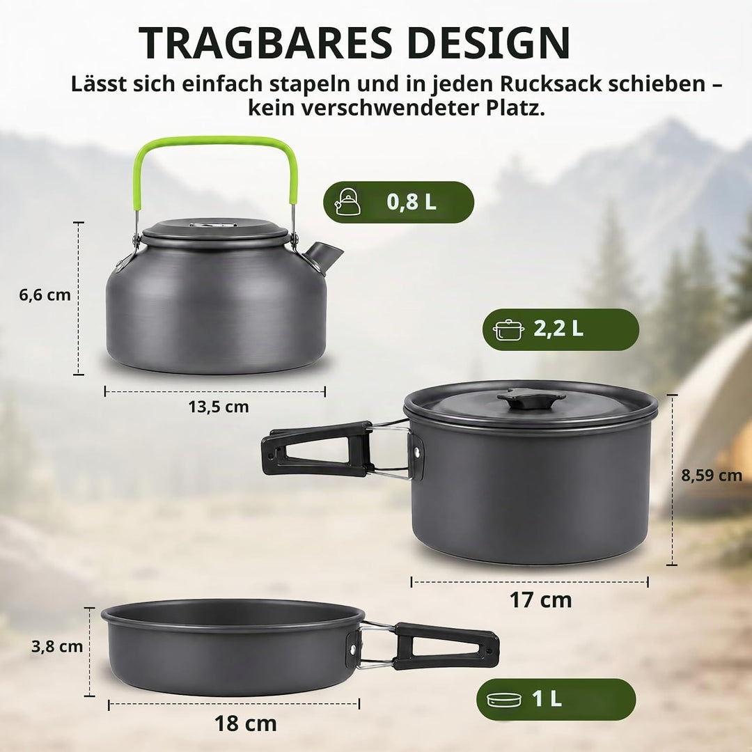 aiGear Camping Kochgeschirr Set/Outdoor Geschirr Set | Camping Topf Kochtopf Tragbar Aluminium | mit