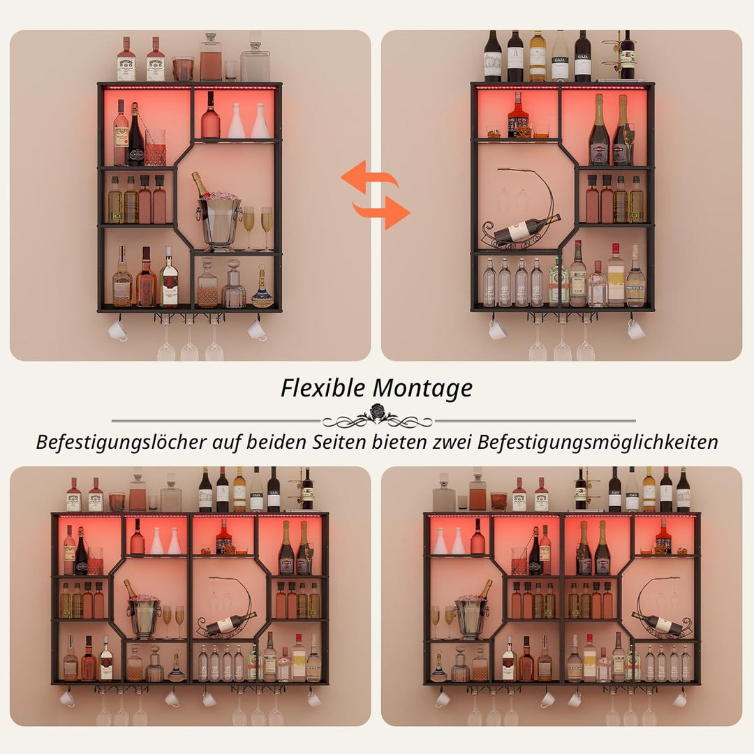 YOURLITE Weinregal Wand mit LED-Beleuchtung Metall,Bar Regal mit Glashalter,Wandmontage Wine Display