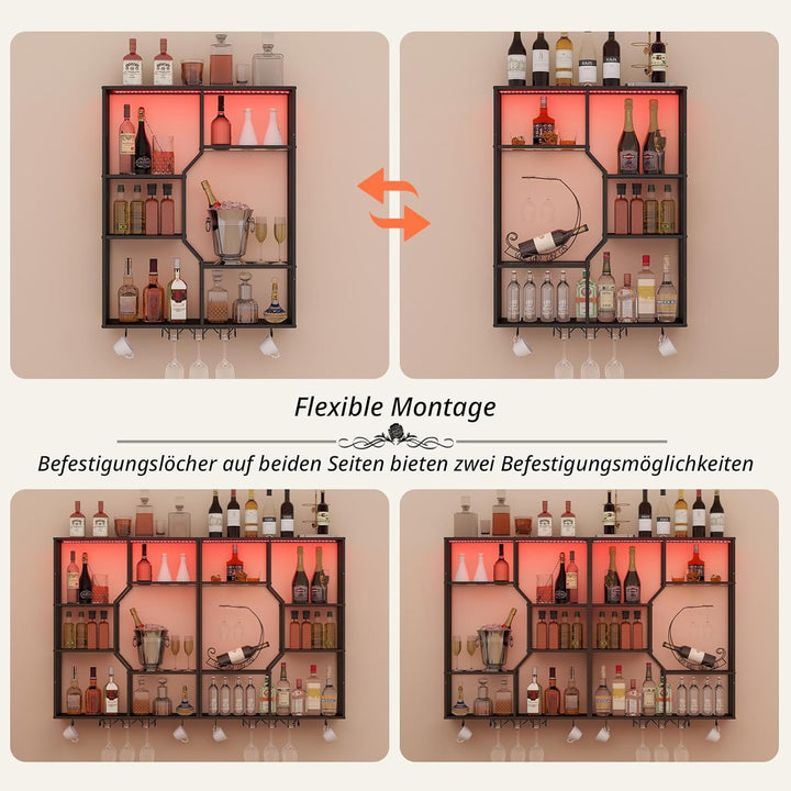YOURLITE Weinregal Wand mit LED-Beleuchtung Metall,Bar Regal mit Glashalter,Wandmontage Wine Display