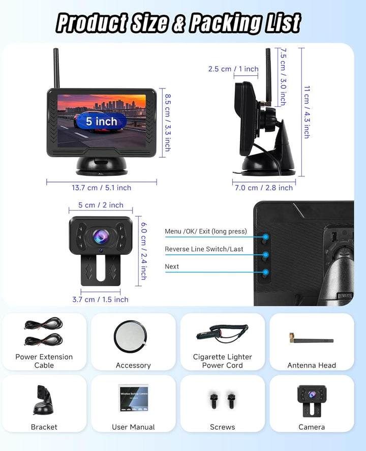 VECHTEL AHD 720P Kabellose Rückfahrkamera,5"-HD-Monitor-Set, IP69 wasserdicht, Weitwinkel, Nachtsich