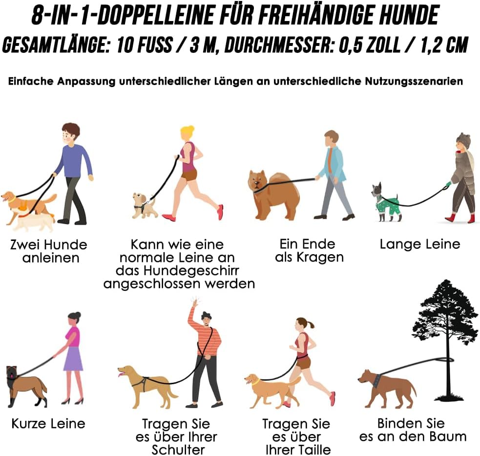 Hundeleine 3m für Kleine mittelgrosse Hunde, 8in1 Schleppleine mit 3 Verstellbare Schnalle und Griff