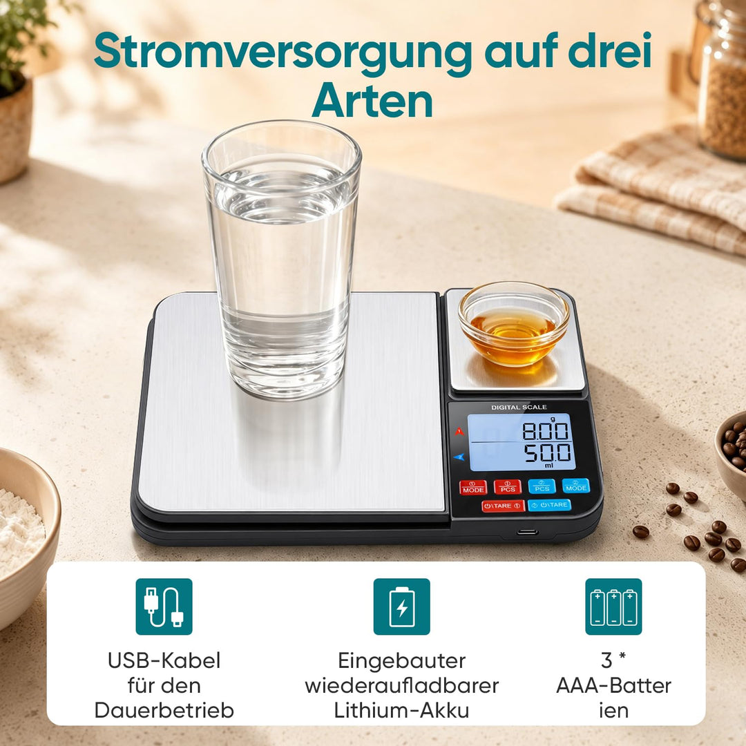 Wigearss Küchenwaage Digital mit Dual Plattform 10kg/1g und 500g/0.01g, Doppelfunktion Küchen Feinwa