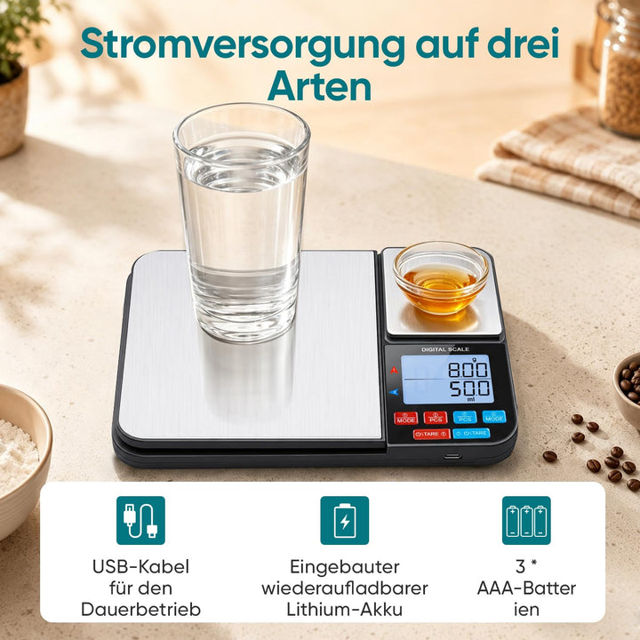 Wigearss Küchenwaage Digital mit Dual Plattform 10kg/1g und 500g/0.01g, Doppelfunktion Küchen Feinwa
