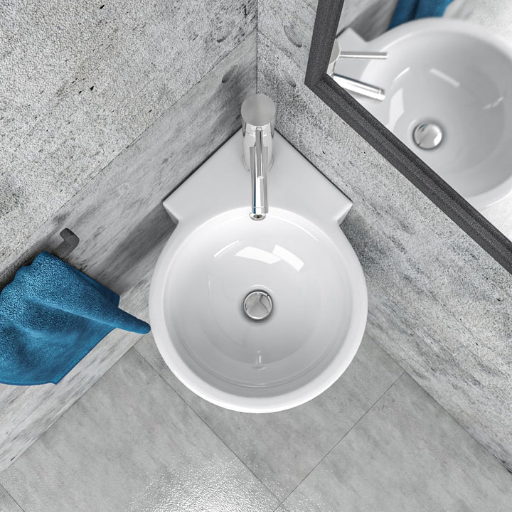 Design Eckwaschbecken Waschbecken Hängewaschbecken für Gäste WC rund weiss mit Überlauf Kbw343 Eck-r