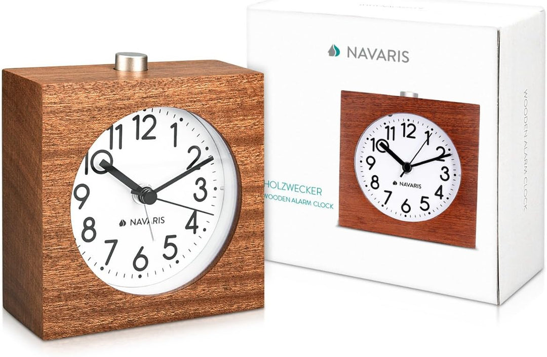 Navaris Analog Holz Wecker mit Snooze - Retro Uhr im Viereck Design mit Ziffernblatt Alarm - Leise T