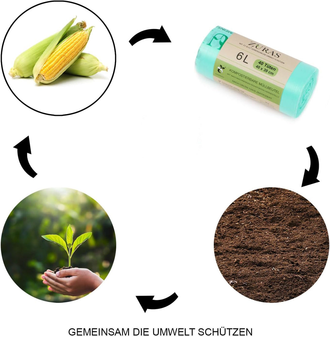Biomüllbeutel 6L, 200 Stk., wasserdicht &amp; reissfest | biologisch abbaubare Müllbeutel, kompostfähig,