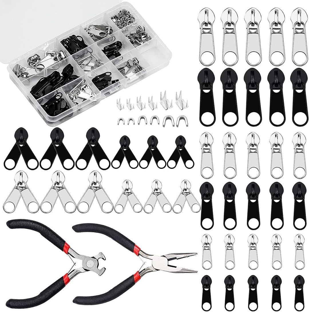 FEIGO 171 Stück Reissverschluss Reparatur Set, Reissverschluss Zipper Ersatz mit Zangen, Metall Schi