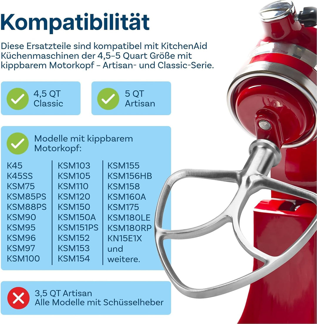 3er Zubehör Set aus Edelstahl für KitchenAid 4.5-5 Quart Kippkopf-Standmixer Artisan & Classic Serie