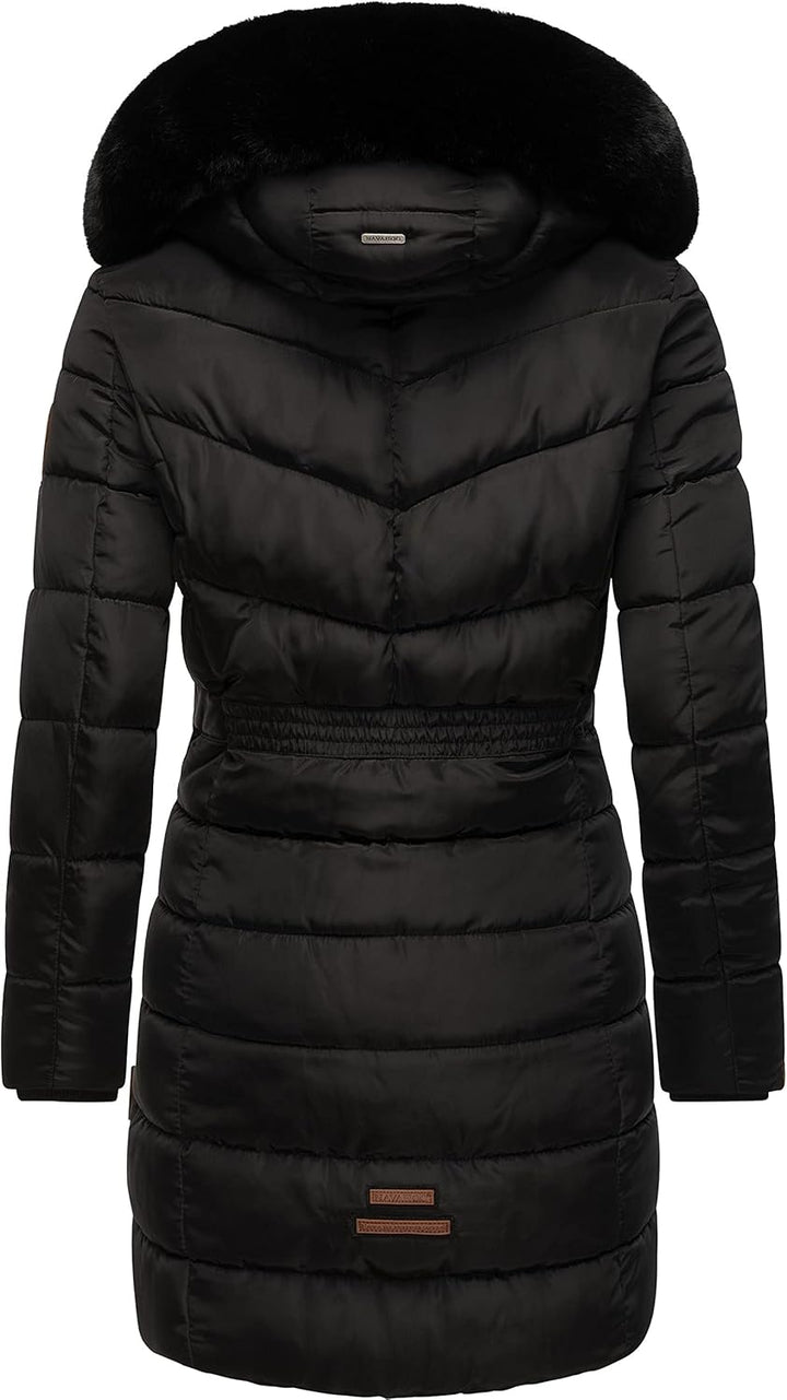 Navahoo Damen Wintermantel warmer Steppmantel lang mit abnehmbarer Kunstfell-Kapuze Paula XS-5XL M B
