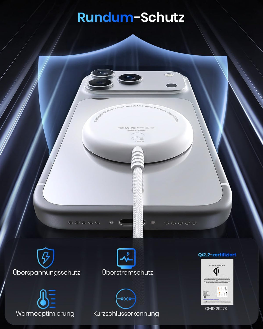 Qi2 25W Magnetisches kabelloses Ladegerät, 1,5 m Ladepad kompatibel mit Mag-Safe für iPhone 17e/Air/