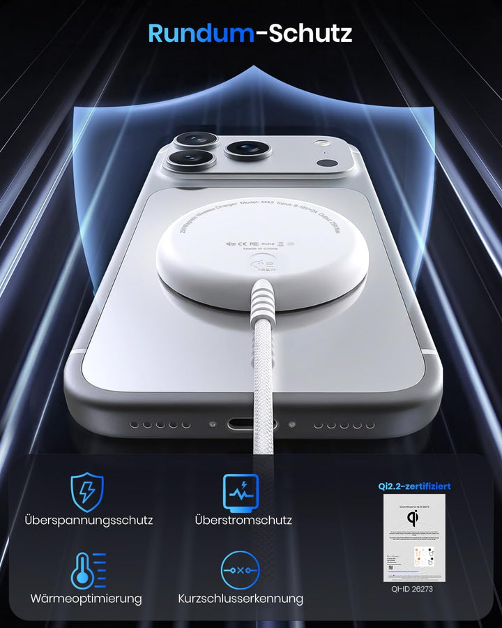 Qi2 25W Magnetisches kabelloses Ladegerät, 1,5 m Ladepad kompatibel mit Mag-Safe für iPhone 17e/Air/
