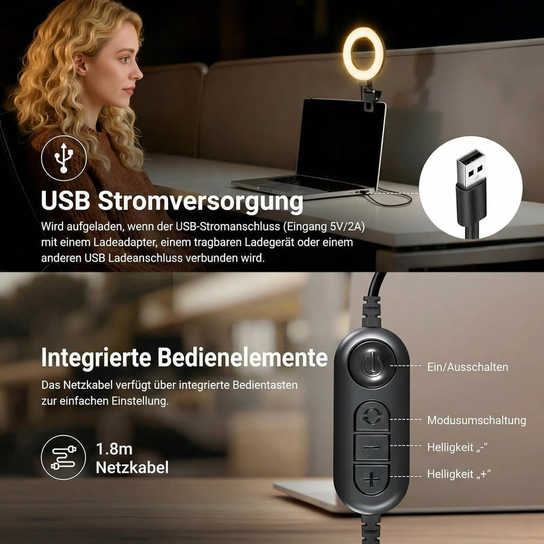 NEEWER BASICS 5" Ringlicht mit Klemme und Mini Stativ, 10W 3000k-6000K Dimmbares Ansteckleuchte für