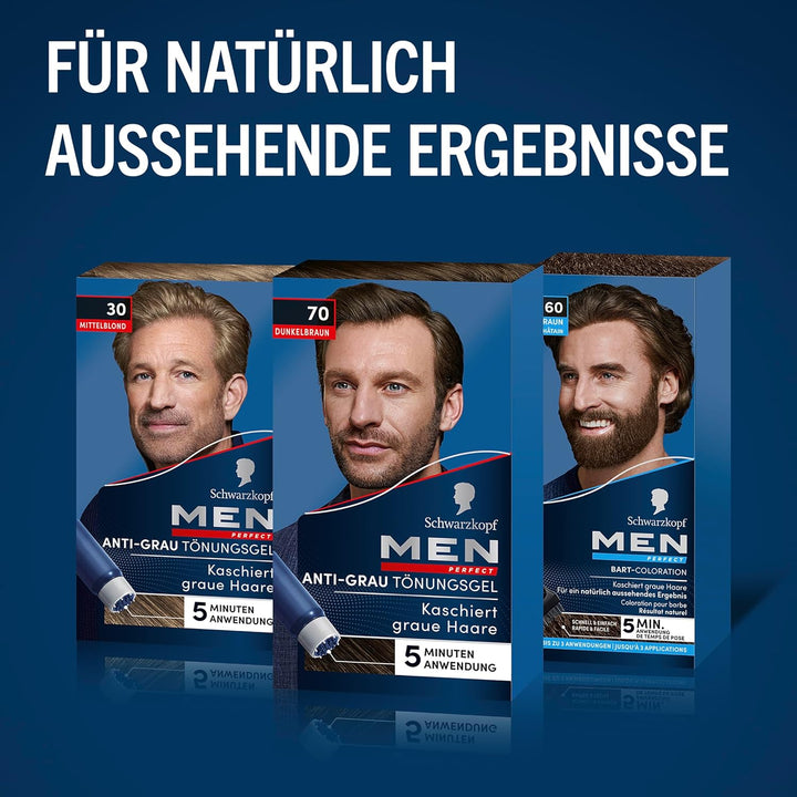 Schwarzkopf Men Perfect Anti-Grau Tönungs-Gel 70 Dunkelbraun (3 x 80 ml), Haarfarbe für Männer blend
