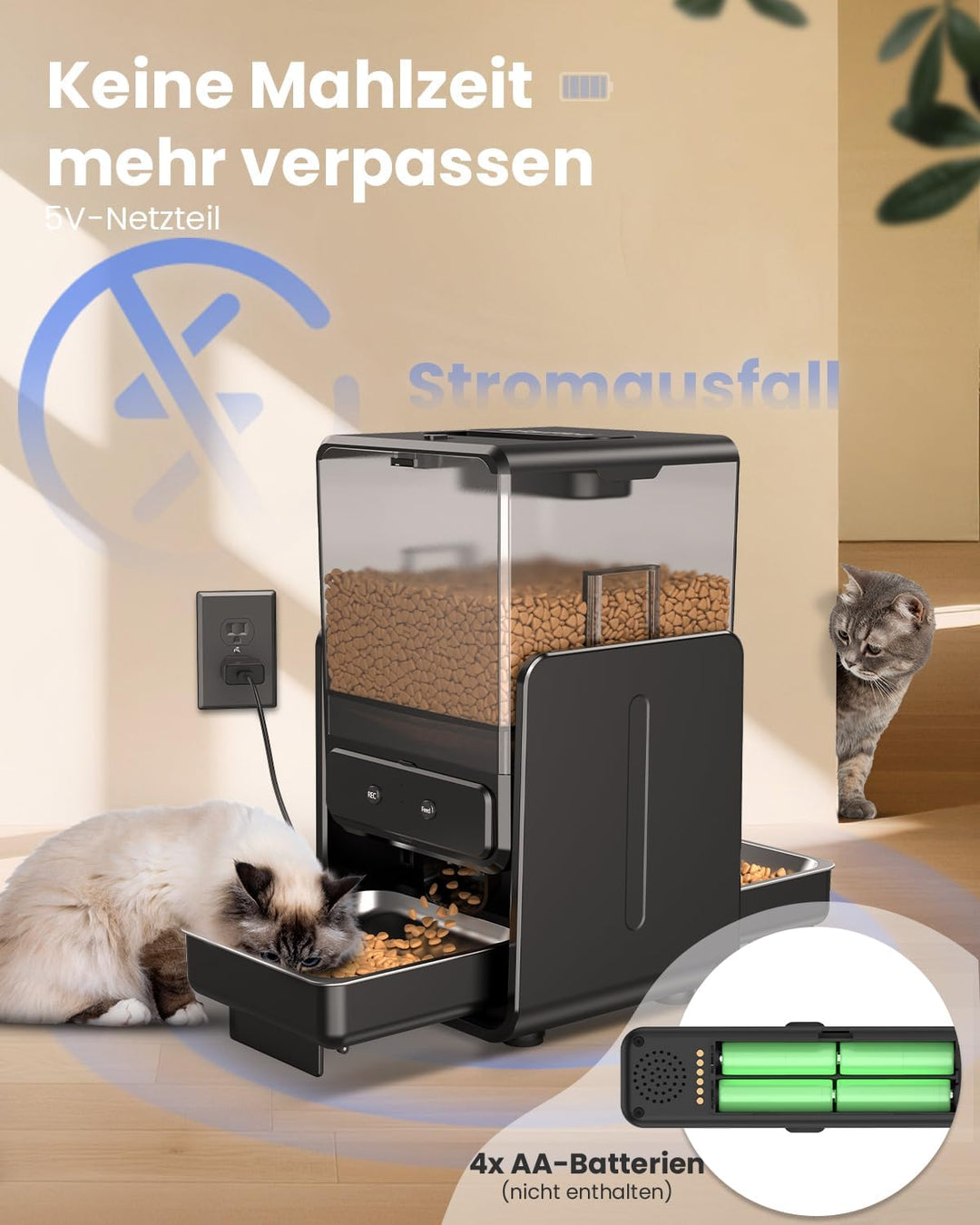 Futterautomat Katze mit App-Steuerung für 2 Katzen, höhenverstellbar für Kleintiere, 2 Näpfe, 5-Lite