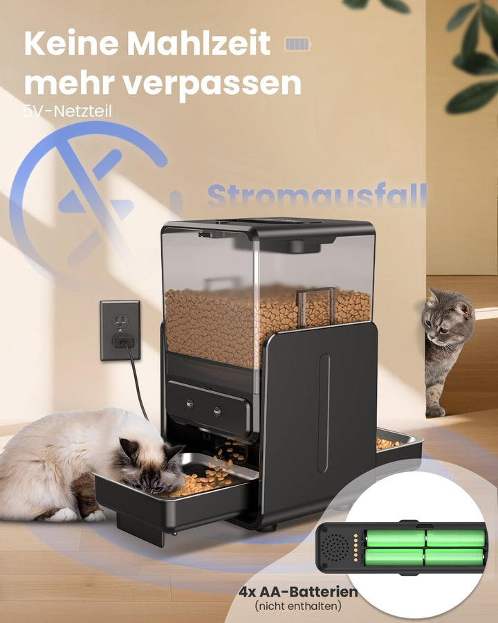 Futterautomat Katze mit App-Steuerung für 2 Katzen, höhenverstellbar für Kleintiere, 2 Näpfe, 5-Lite