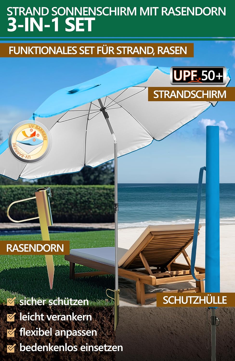 4smile Sonnenschirm Strand 3-IN-1 SET mit Rasendorn, Ø 180 cm, Blau | Strandschirm windfest stabil +