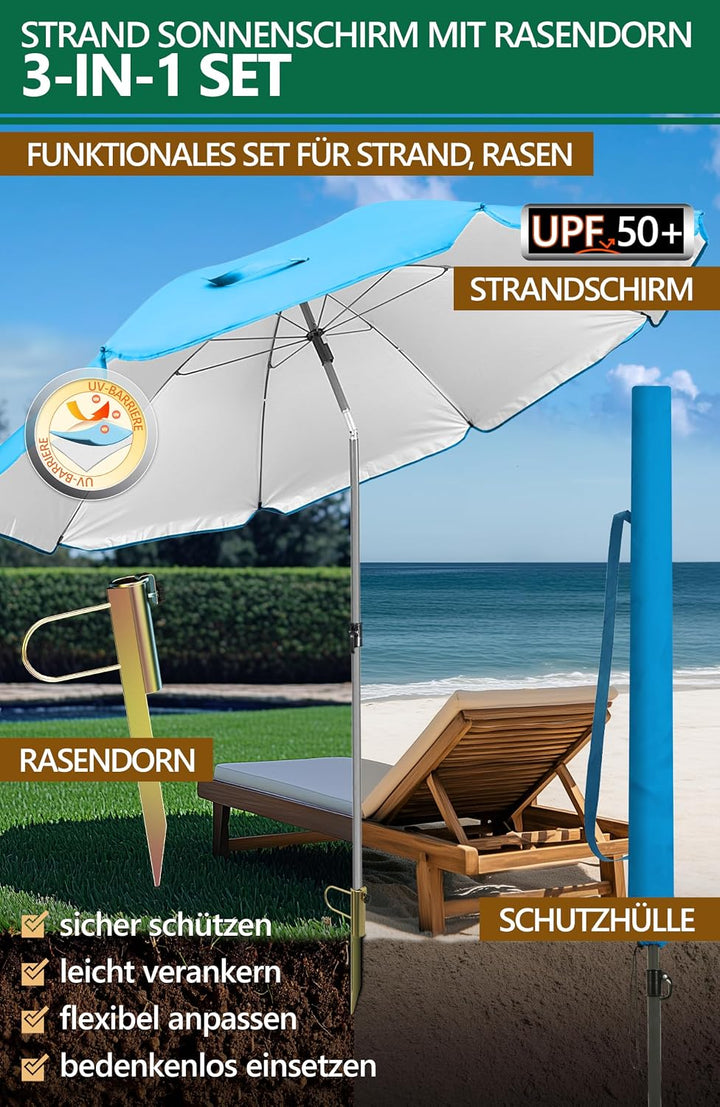 4smile Sonnenschirm Strand 3-IN-1 SET mit Rasendorn, Ø 180 cm, Blau | Strandschirm windfest stabil +