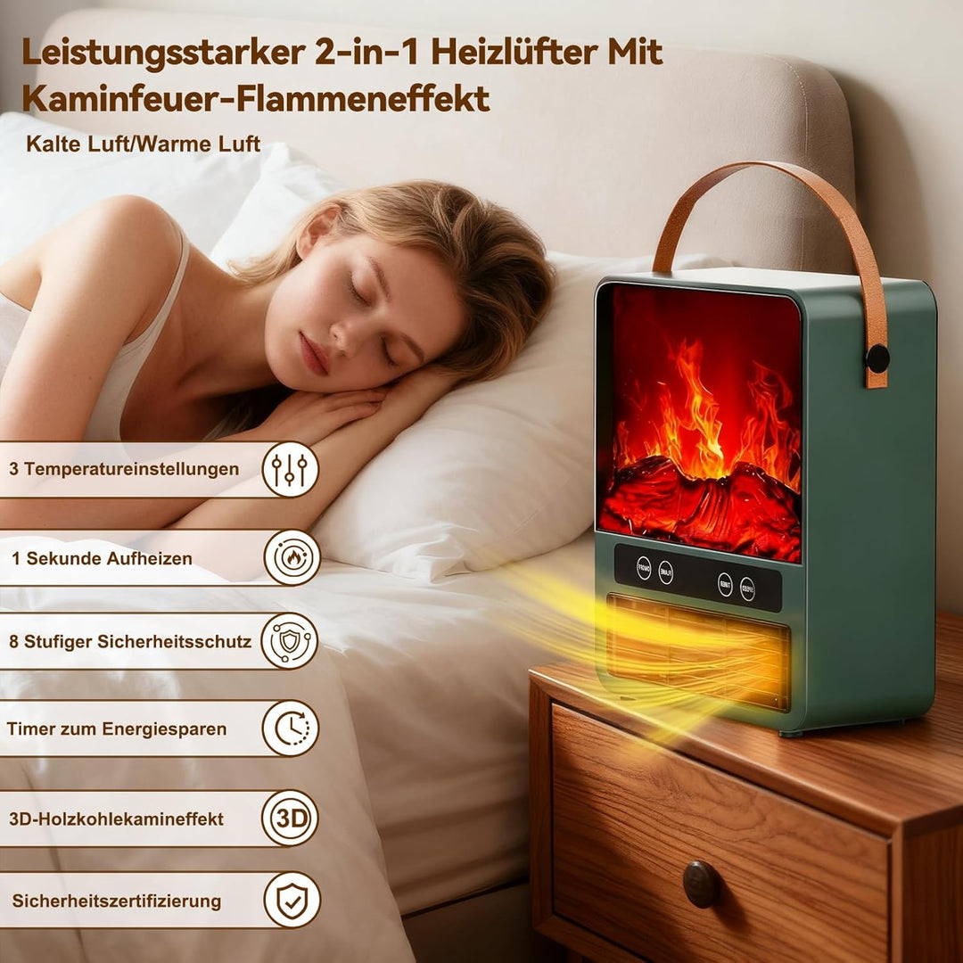 Keramik Heizlüfter Energiesparend, Kamin-Optik – 3D-Flammeneffekt, 1500W Heizung Elektrisch, 3 Stufe