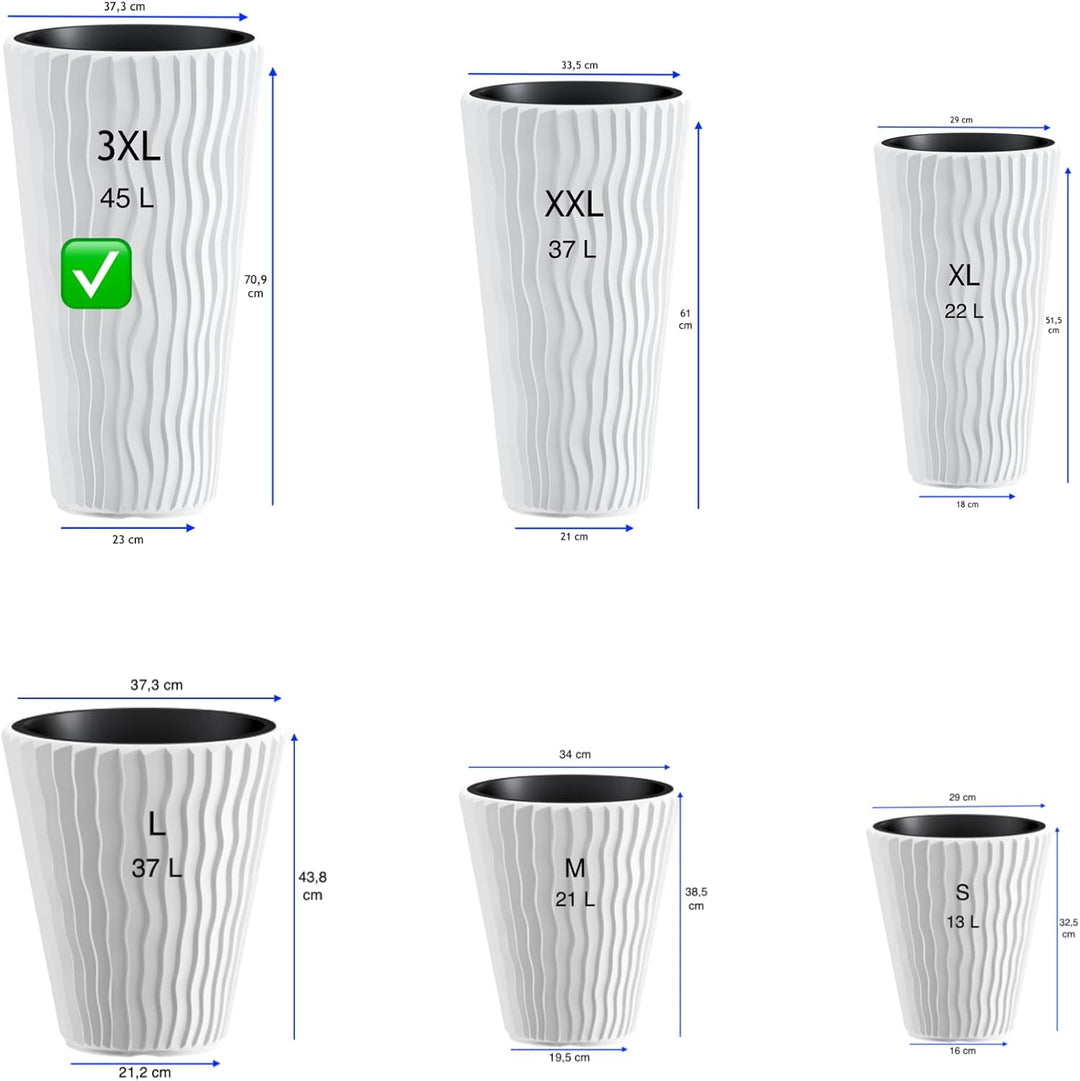 MELTOM Blumentopf mit vertikaler Wellenoptik herausnehmbarem Einsatz Hoch 3D Effekt in Weiss 3XL: (D