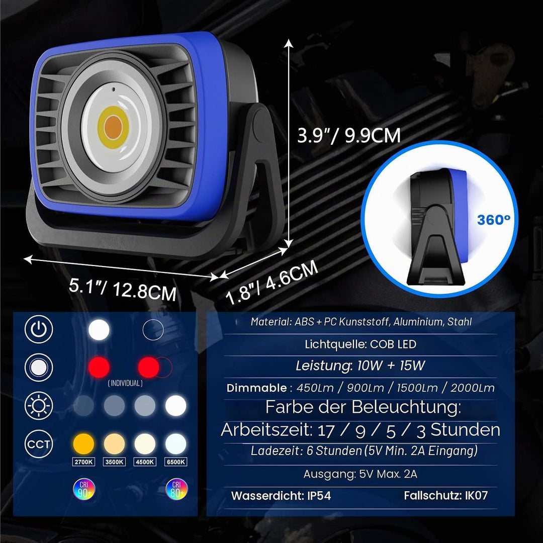 PRINCEWAY LED Baustrahler Arbeitsleuchte Akku Strahler Werkstattlampe, 2000LM Tragbare Magnetische W