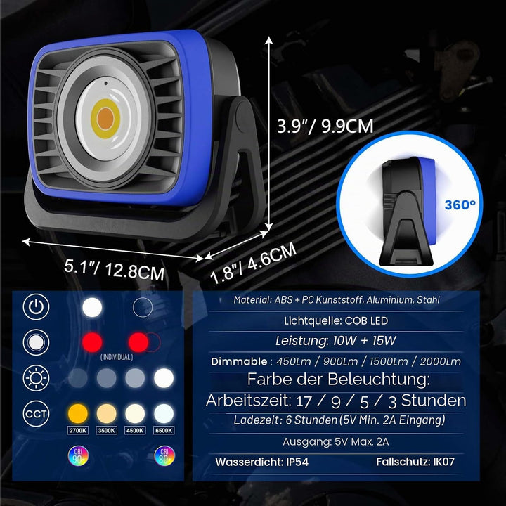 PRINCEWAY LED Baustrahler Arbeitsleuchte Akku Strahler Werkstattlampe, 2000LM Tragbare Magnetische W