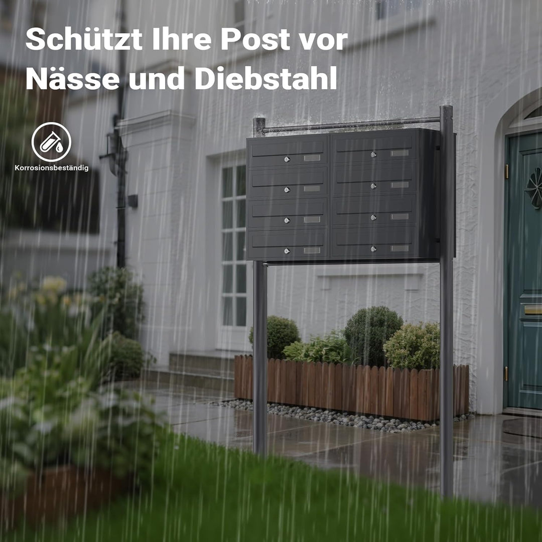Wiltec 8er Briefkastenanlage Anthrazit 898 x 270 x 1500 mm, Standbriefkasten mit 2x4 Fächern, Schlüs
