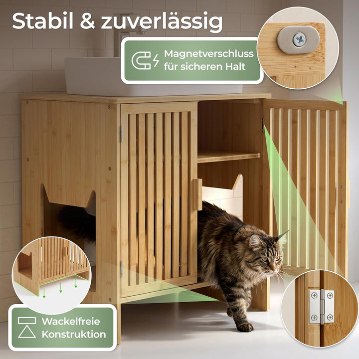 WOOWOOD Katzenklo Waschbeckenunterschrank aus Bambus - Extrem Feuchteresistent - Katzenklo Schrank -