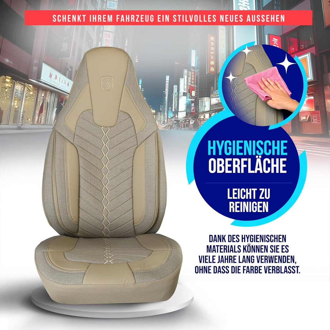 Autositzbezüge Universal für PKW & SUV – Premium Vordersitze Auto Sitzbezug aus Leinen, Beige, Airba