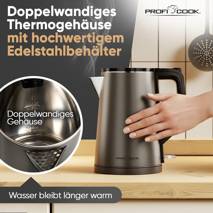 ProfiCook® Wasserkocher 1,5 Liter | 2200W | doppelwandiges Thermogehäuse | Einhandbedienung | Statio