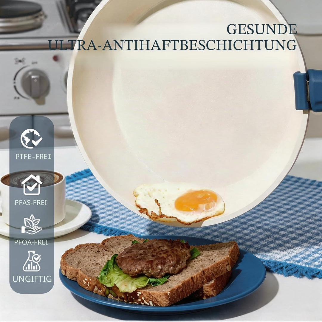 Keramik Pfannenset mit Abnehmbaren Griff Induktion 8-Teilig, Topfsets Platzsparendes Kochgeschirr Br