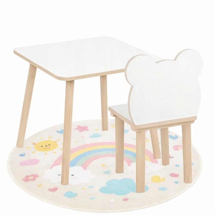 Kindertisch + Bären‑Stuhl Set 50×50×47cm – Tisch &amp; Stuhl aus MDF &amp; Holz – natürliches Finish, abgeru