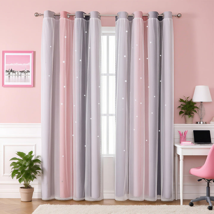 Freyamy Gardinen Rosa Grau Glänzend Sterne Vorhänge Blickdicht Kinderzimmer Halbtransparent H 210 X