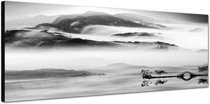 Paul Sinus Art Panoramabild auf Leinwand und Keilrahmen 150x50cm China Landschaft Wasser Berge Nebel