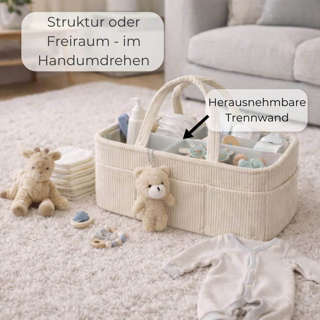 Wickelkorb Cord Beige - Wickelorganizer für Babys – Aufbewahrungskorb für Windeln, Feuchttücher und