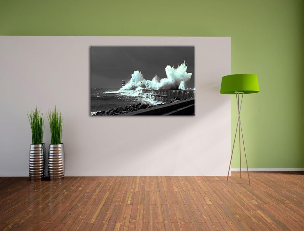 unruhiges Meer und hohe Wellen schwarz/weiss Format: 100x70 auf Leinwand, XXL riesige Bilder fertig